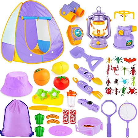 MIBOTE Kids Camping Tent Set Toys, 45pcs Pop Up Play Tent with Camping Gear Tools Indoor Outdoor Pretend Play Set for Boys/Girls - Including Telescope, Walkie Talkie, Camping Tent, Stove, and etc