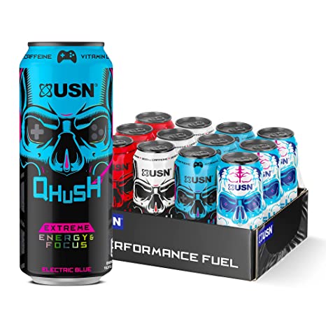 USN Qhush Carbonated Gaming Extreme Energy Drink Fuel for E-Gamers, Zero Sugar, 300mg Caffeine, Vitamin-C, 4-Flavor Variety, 16.9 Fl Oz, Pack of 12