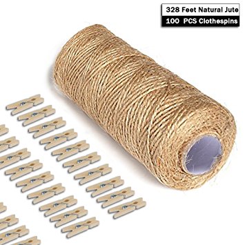 Giveet 328 Feet Natural Jute Twine and 100 Pieces Mini Clothespins, Multi-Purpose Arts Crafts Twine Industrial Heavy Duty Packing String for Gifts, DIY Crafts, Festive and Gardening Applications