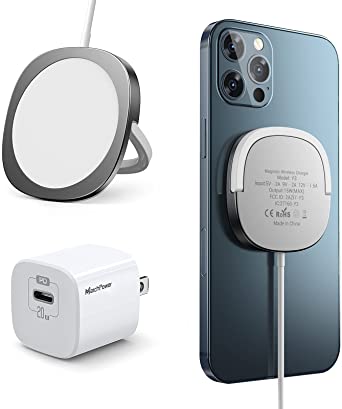 iPhone 12 Magnetic Mag Charger - Wireless Charging and 20W USB-C Fast Charging Plug Compatible with iPhone 12 / iPhone 12 Mini/iPhone 12 Pro/iPhone 12 Pro Max/AirPords Pro - Silver