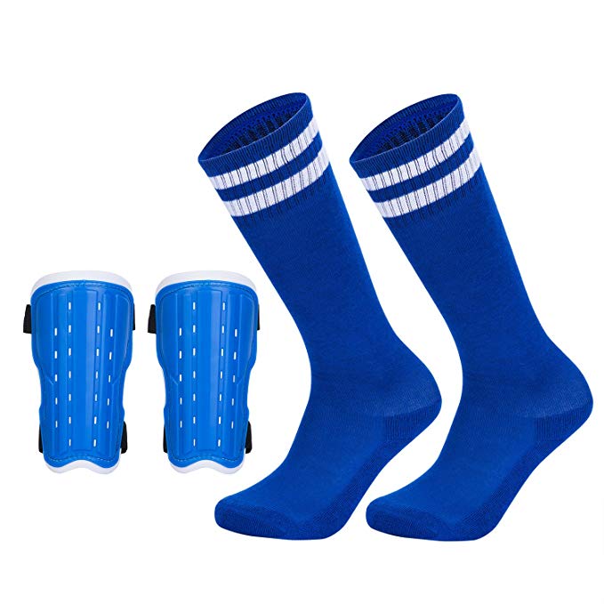 Soccer Shin Pad Over Knee Soccer Socks 2 Pairs Kids Leg Carf Protective Shin Pads Adjustable Perforated Breathable Guard Board and Impact Resistant Youth Kids Soccer Guards Socks