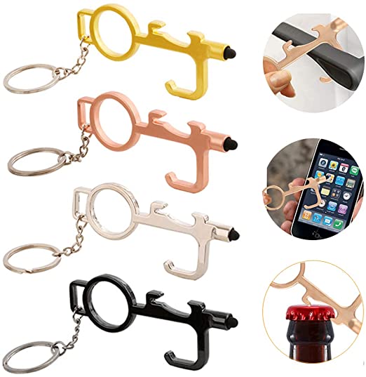 Anti Touch Door Opener Tool, No Touch Door Opener Hand Tool – 4 Pcs Set Black, Silver, Rose Gold, Gold Serves as a Bottle Opener, Stylus Pad & Other Multi-Purpose - Key Ring Included