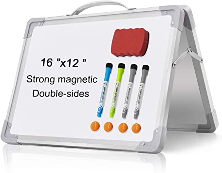 Small Dry Erase White Board - 16"x 12" Double Sided Mini Foldable Magnetic Desktop whiteboard for Kids Drawing, Teacher Instruction and Meeting Discuss