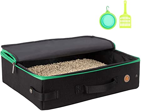 Travel Cat Litter Box with 1 Collapsible and 1 Scoop. Portable, Lightweight, Leak-Proof, Easy to sotrage (for Medium Cats and Kitties, Black)