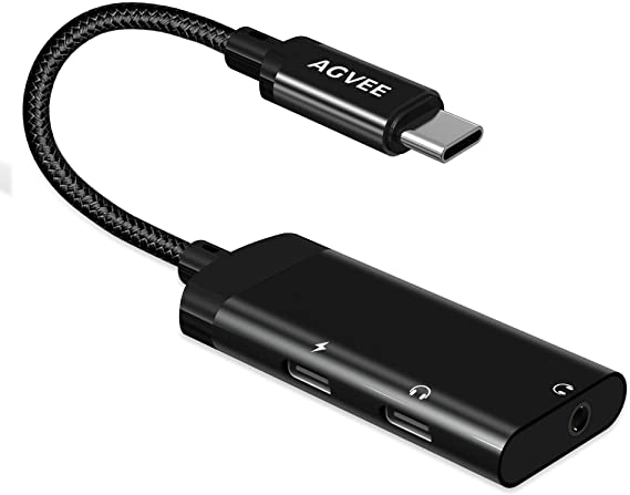 AGVEE 3-in-1 USB-C Audio Adapter, 3.5mm & Type-C Headphones & Charger Splitter, USBC Earbuds Jack Dongle, 60w PD Charging for Samsung S21 S20 (Ultra, FE), Note 20 10, iPad Pro, Pixel 2 3 4 5 XL, Black