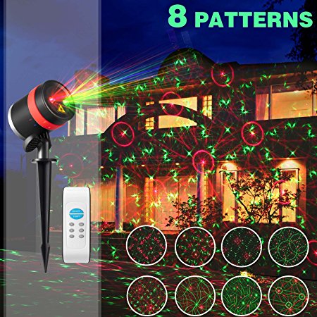 Christmas Laser Lights Show Red and Green 8 Patterns Waterproof Outdoor Laser Projector Light with Remote Control for Christmas, Holiday, Party, Landscape, and Garden Decorations