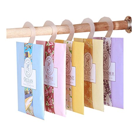 Ksmxos Pack of 5 Protable Scented Sachets with Hanger suitable for Room, Wardrobe, Bathrooms, Cars, Laundry Baskets,etc