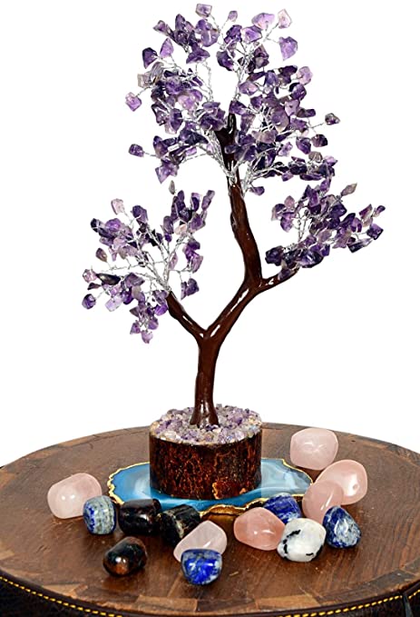 Opulent Crystals - Amethyst Silver Wire & Brown Branch Natural Gemstone Bonsai Money Tree for Good Luck, Wealth Health & Prosperity Spiritual Gift Reiki Crown Chakra Healing Feng Shui LG-12 Inches