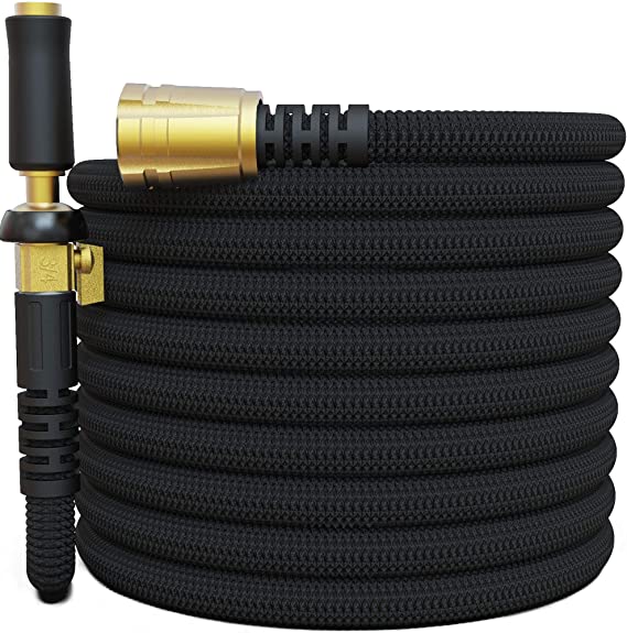 Titan 50FT Garden Hose - All New Expandable Water Hose with Triple Latex Core 3/4" Easy Removal Solid Brass Fittings Expanding Extra Strength Fabric Flexible with Jet Nozzle and Washers (B)