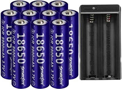 10 PCS of Deep Blue,18650-Rechargeable-Batteries,9900mAh 3.7V Li-ion,Button Top,65mmX18mm,With 1 PCS Dual Smart Battery Charger,For 18650 Flashlight headlight & Electronic Tools