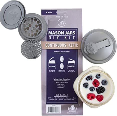 reCAP Mason Jars DIY Kit for Continuous Kefir – BPA-Free, American Made Ball Mason Jar Lids for Making and Storing Kefir, Spill Proof and Made with Safe, No-Break Materials