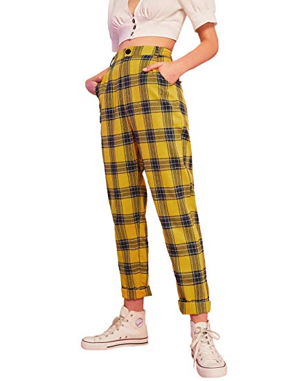 DIDK Women's Mid Waist Tartan Plaid Pocket Fashion Pants