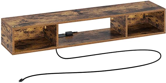 Rolanstar Wall Mounted TV Stand, 47” Media Console Stand with RGB Lights and Power Outlet, TV Storage Shelf, Floating TV Stand Entertainment Shelf with LED for Living Room Bedroom, Rustic Brown