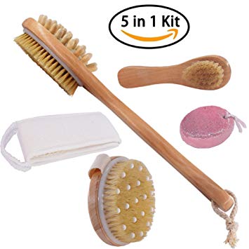 Dry/Wet Skin Bath Body Brush Set with Long Handle for Back Scrubber - Natural Boar Bristles-Best for Exfoliating Dry Skin, Lymphatic Drainage and Cellulite Treatment