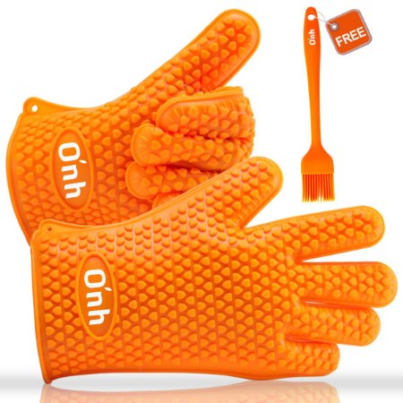 On'h Cooking Gloves Heat Resistant Oven Mitts Barbecue BBQ Silicone Grilling Gloves Set Great for Barbeque Cooking Oven Baking Smoking Potholder Frying Patio Lawn Garden Home Kitchen Orange 1 Pair