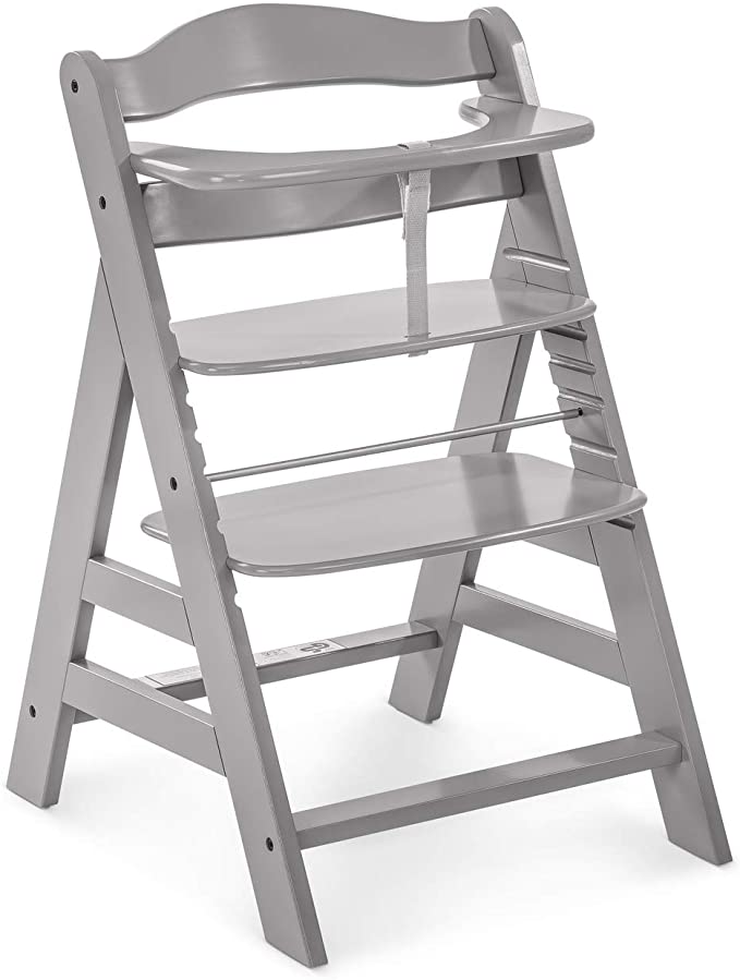 Hauck Alpha  Wooden Height Adjustable Highchair with 5 Point Harness - Grey