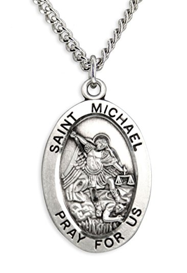 Heartland Men's Saint Michael Sterling Silver Oval Pendant   Best Quality USA Made   Chain Choice