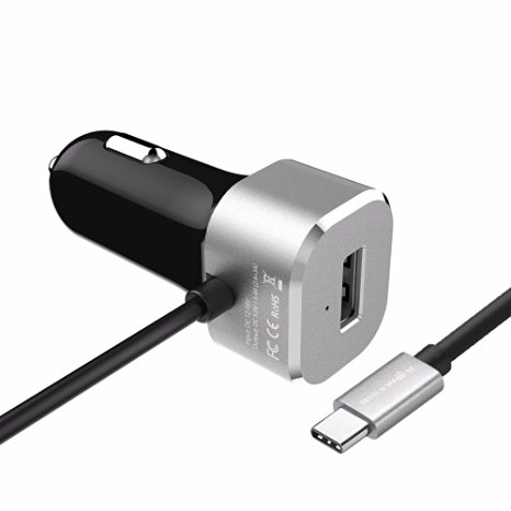 USB Type C Car Charger, BlitzWolf 27W 5V/3A USB-C 3.3ft Cable Extension and 2.4A USB Port for Nokia N1 tablet, Google Chromebook Pixel, Google LG Nexus 6P, Apple Macbook (Silver)