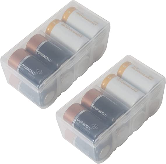 Home-X Set of 2 Clear D Battery Storage Cases, Organize Batteries in a Hard, Clear Case for Easy Access, Each Holds 8 D Batteries, 5.25" x 3" x 2.75"