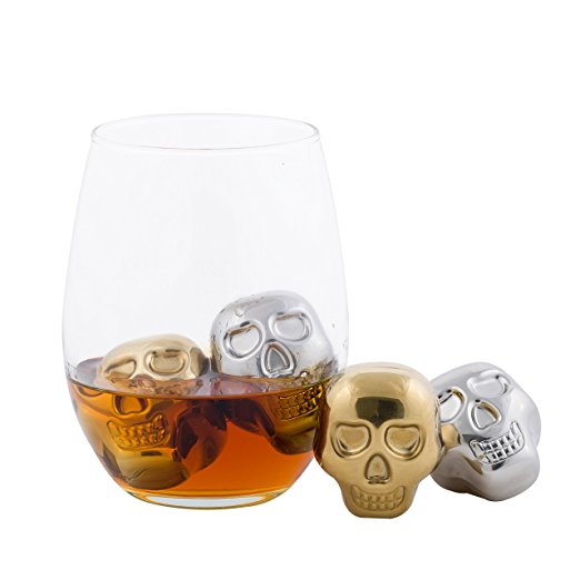 Chill-O Stainless Steel Skull Head Ice Cubes Set of 4 - 2 Gold Skulls And 2 Silver Skulls - Whiskey Chillers - Wine Chillers - Beer Chillers - Vodka Chillers - Champagne Chillers - Spirits Chillers