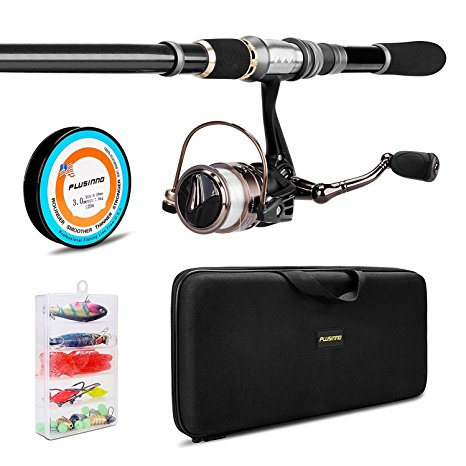 PLUSINNO Telescopic Fishing Rod and Reel Combos FULL Kit, Spinning Fishing Gear Organizer Pole Sets with Line Lures Hooks Reel and Fishing Carrier Bag Case Accessories