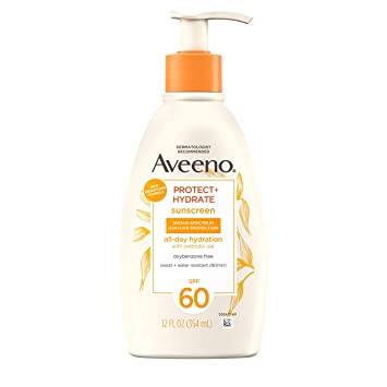 Aveeno Protect   Hydrate Moisturizing Body Sunscreen Lotion With Broad Spectrum Spf 60 & Prebiotic Oat, Weightless, Paraben-free, Oil-free & Oxybenzone-free, Pump Bottle, 12.0 ounces