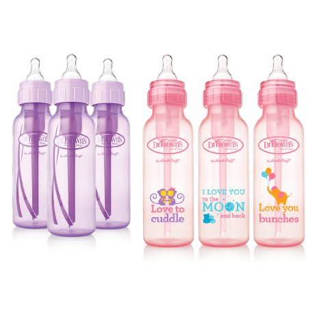 Dr. Brown's Baby Bottles Girls 6 Pack - 3 (8 oz) Lavender and 3 (8 oz) Pink bottles with new print