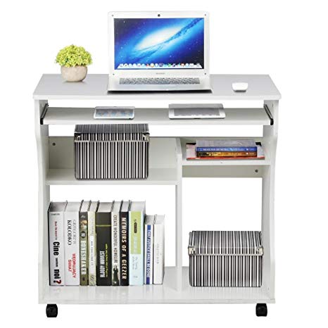 Yaheetech Movable Computer Office Desk Table Workstation Home Office Furniture with Sliding Keyboard 2 Shelves Study Workstation on Wheels White 80.1 x 48.1 x 76.2 cm