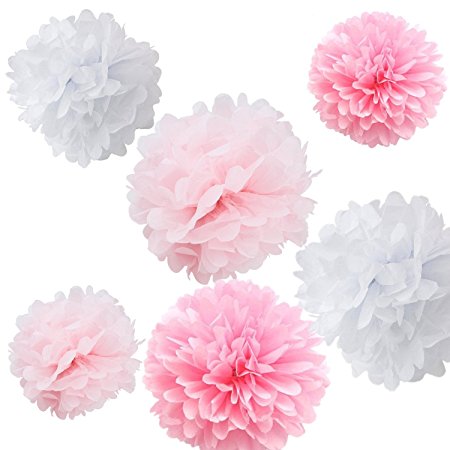 Fonder Mols 9pcs Mixed 8'' 10'' 14'' Tissue Paper Pom Poms Flower Wedding Party Baby Girl Room Nursery Decoration - White, Pink & Light Pink