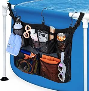 Above Ground Pool Hanging Bag, Poolside Storage Basket for Most Above Ground Pools with 2.3 Inch or Less Top Rail, Pool Accessories Storage Organizer with Mesh Pockets & Cup Holder, Bag Only