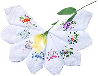 LACS Womens Embroidered Floral Cotton Lace Handkerchiefs White Hankies Pack