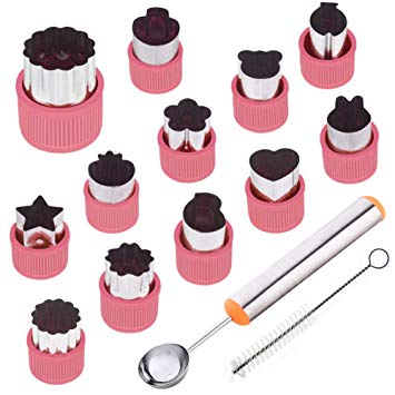 TIMGOU 12 Pcs Vegetable Fruit Cutter Shapes Set with Melon Baller Scoop and Cleaning Brush, Mini Pie Cookie Stamps Mold for Kids Crafts Baking and Food Supplement Tools for Kitchen-Pink