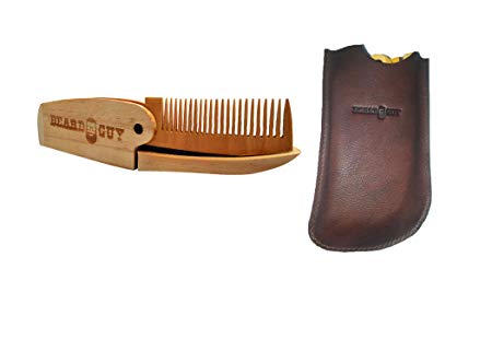 Handmade wooden foldable Beard Comb & Case, Dual Action Fine & Coarse Teeth, Perfect for use with Balms and Oils, Top Pocket Comb for Beards & Mustaches with original leather pouch by Rural Handmade