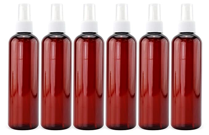 Cornucopia 8oz Amber Brown PLASTIC Spray Bottles with White Fine Mist Atomizers (6-Pack); Brown Plastic Spritzer Bottles for DIY Home Cleaning, Aromatherapy, Beauty Care