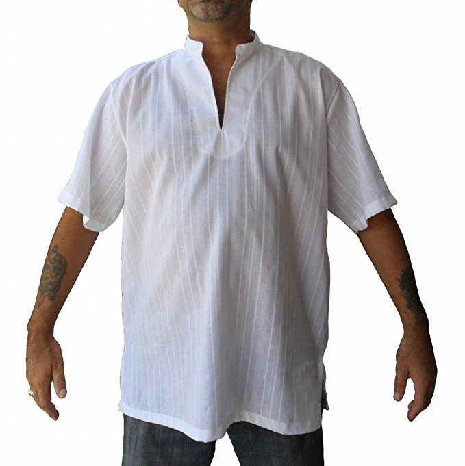 Siam Secrets Textured White Cotton Mens Shirt Mandarin Collar Short Sleeve Kurta