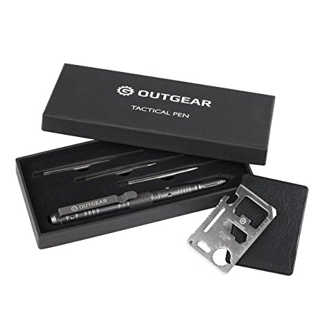 OutGear Tactical Pen with 3 Replaceable Ink & FREE Card Survival Tool, Made of Aircraft-Grade Aluminum Alloy, Emergency Survival Pens for Writing/ Self Defense/ Glass breaker