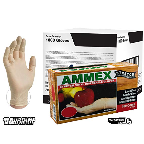 AMMEX Stretch Synthetic Ivory Vinyl Latex Free Disposable Gloves