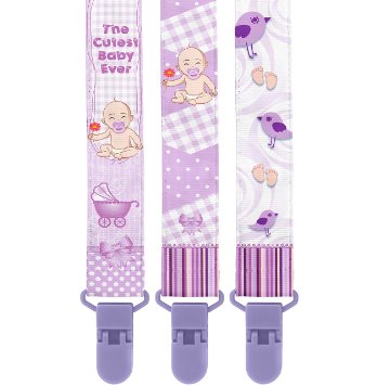 Pacifier Clip by KiddosArt Premium 3 Pack2-Sided of CUTEST BABY EVER - PURPLE Stunningly Designed Pacifier Holders Pacifier leash Baby pacifier clip for Girls and Boys Baby Shower Gift