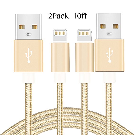VVinRC Nylon Braided Cord Lightning Cable Certified to USB Charging Charger Compatible with iPhone X/8/8 Plus/7/ 7 Plus/ SE/ 6s/ 6 /6 Plus/ 6s Plus/ 5s/ 5c/ 5/ iPad Air/ Mini/ iPod Nano/ Touch(Gold)