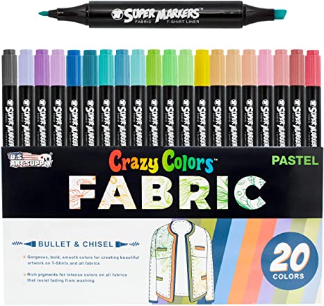 Super Markers 20 Unique Pastel Colors Dual Tip Fabric & T-Shirt Marker Set - Double-Ended Fabric Markers with Chisel Point and Fine Point Tips - 20 Permanent Ink Vibrant and Bold Colors