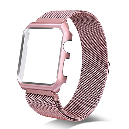 Yearscase 42MM Milanese Loop Replacement Band with Metal Protective Case for Apple Watch Series 3 Series 2 Series 1 Sport&Edition - Rose Gold