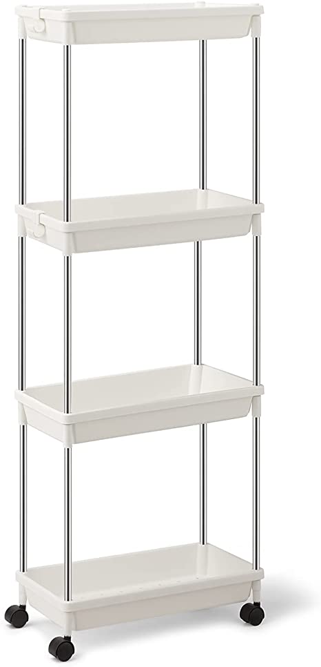 Lifewit Slim Storage Rolling Cart for Bathroom Laundry Room Kitchen Narrow Space, 4 Tier Slide-Out Storage Cart Organizer Rack Shelf with Wheels for Space-Saving Organization, Easy Assembly, White