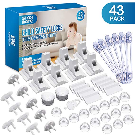 Baby Proofing, 43 Pcs Cabinet Locks Child Safety- 8 Magnetic Cabinet Locks 2 Keys, 16 Clear Corner Protectors, 10 Outlet Plugs, 6 Child Safety Locks, No Drill Required Baby Proof Set