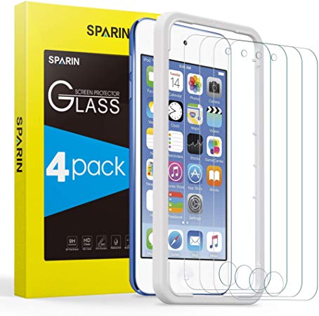 [4 Pack] SPARIN Tempered Glass Screen Protector for New iPod Touch (7th / 6th / 5th Gen, 2015/2019 Released) - Alignment Frame/High Response/Easy Install