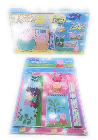 Girls Kids Toys Fun Play 7 Wood Puzzle Peppa Pig and 11 Piece Stationary Bundle Set