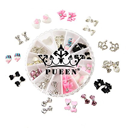 PUEEN 3D Nail Charms Wheel of 24pcs Resin & Alloy Rhinestones Nail Art Decoration Bow Flower DIY for Nails & Cell Phones-BH000348