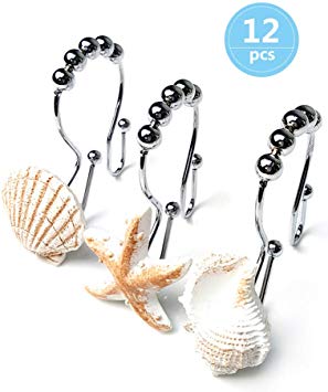 Voiinoiu Ocean Decorative Shower Curtain Hooks Rust Proof,Stainless Steel Shower Curtain Rings with 5 Glide Rollers for Bathroom and Shower Set of 12-Hooks (Seashell, Starfish,Conch) (White)