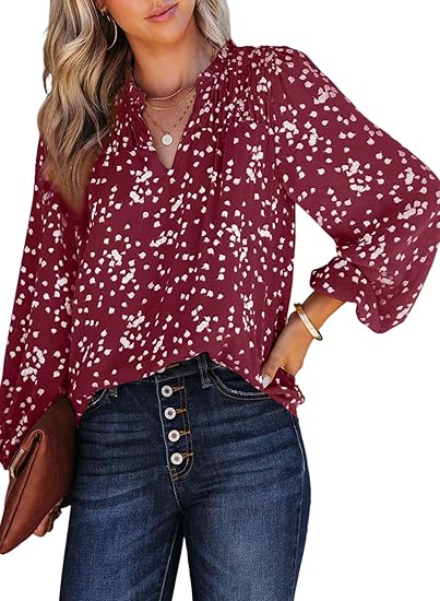 Dokotoo Women's Casual V Neck Alicia Floral Print Smocked Long Sleeve Chiffon Blouses Bohemian Top Shirts