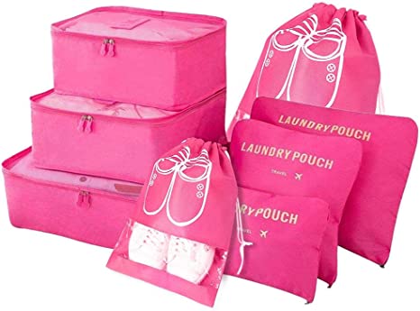 Vicloon Packing Cubes, 8 PCS Travel Organiser Packing Bags Travel Luggage Packing Organizers with Shoe Bag for Clothes Suitcase Shoes (Rose)