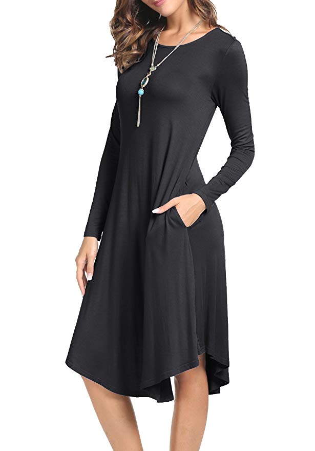 levaca Women's Plain Long Sleeve Pockets Pleated Loose Swing Casual Midi Dress